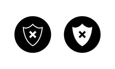 Shield with cross mark icon in black circle. Security error, disable protection, and access denied symbol