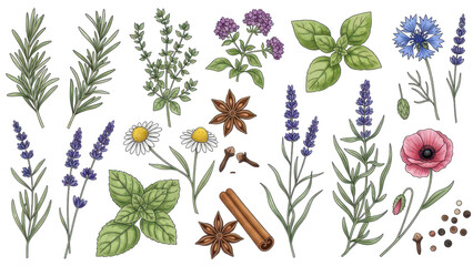 Hand drawn vector watercolor set of herbs, wildflowers and spices.
