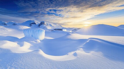 Pristine icy landscape at dawn, dramatic light