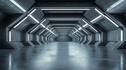 Futuristic concrete tunnel with  bright lights