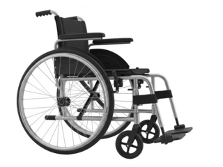 Fabric wheelchair with silver metal frame and large spoked wheels isolated on a transparent background