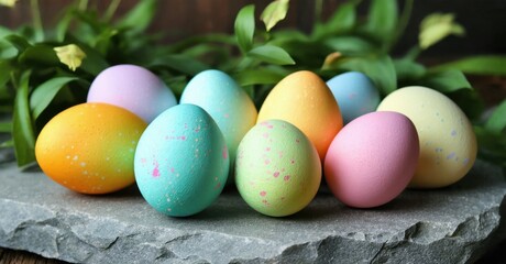 Colorful Easter eggs rest upon stone surface. Spring foliage provides blurred background. Festive, vibrant scene evokes holiday spirit.