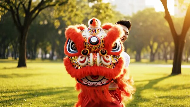 Happy Asian man holds a traditional Chinese lion dance costume in a park. Performer celebrating the Lunar New Year festival. Cultural tradition and celebration concept