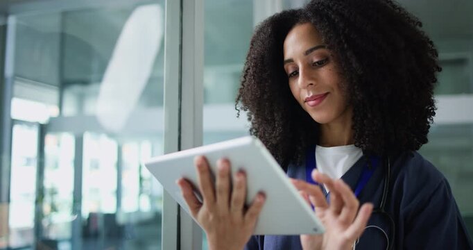Woman, nurse and scroll with tablet in hospital for patient information, appointment and schedule. Clinic, database and healthcare person with technology for telehealth, medical service or research