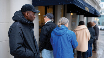 A diverse group of individuals waits in line on a snowy day, illustrating the everyday moments of life amid winter’s chill, showcasing community, patience, and personal stories.