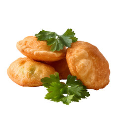 Four golden, baked empanadas, a savory pastry isolated on transparent background
