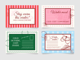 A set of postcards dedicated to the winter holidays. Each card features a unique design with winter-themed elements and a message of warmth, comfort, and greetings for cold days.