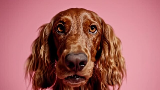 A close-up view of an Irish Setter dog's face against a pastel pink background