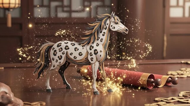 Animated paper cut horse galloping on a red scroll with golden sparkles. Chinese New Year zodiac symbol for the Year of the Horse. Traditional spring festival celebration concept