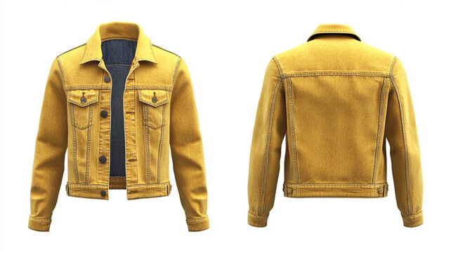 front and back view of a yellow denim jacket isolated on white background.