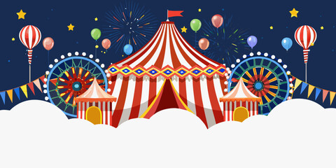 a colorful illustration of a circus with a ferris wheel and fireworks © Ruhidas