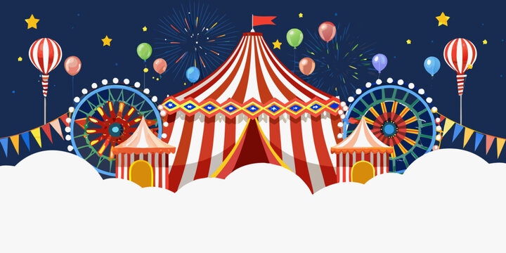 a colorful illustration of a circus with a ferris wheel and fireworks