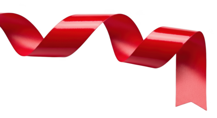 Shiny red ribbon curled in a spiral shape against a background isolated on a transparent background satin