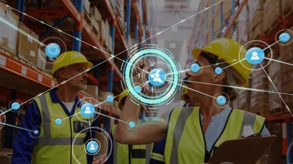 Animation of network of connections with icons over group of caucasian warehouse workers - Powered by Adobe