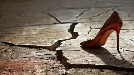 High Heel Shoe Standing on Cracked Ground Symbolizing Fragility and Risk