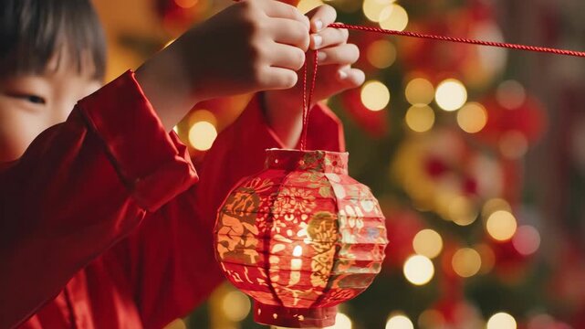 Child's hands hang a glowing red lantern for Chinese New Year. Close-up of a kid decorating for the festive holiday. Lunar New Year tradition concept