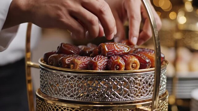 Close-up of hands arranging dates in a decorative golden bowl. Preparing traditional dried fruit for Iftar during Ramadan. Hospitality and luxury dining concept