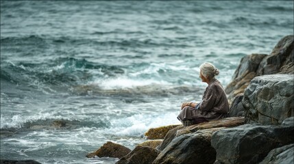 Contemplative elder woman by the sea rocky shoreline photography natural setting side view reflection and solitude