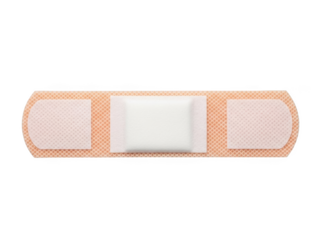 Single adhesive bandage with white sterile pad and textured peach colored backing isolated on a transparent background