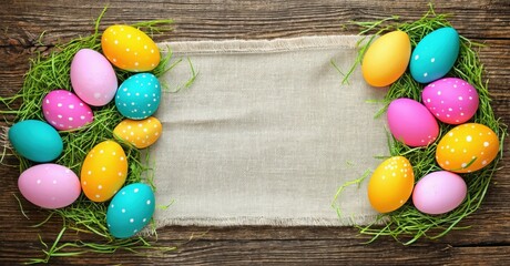 Colorful Easter eggs surround burlap rectangle. Wooden surface provides rustic backdrop. Springtime celebration imagery. Festive, bright, cheerful scene.