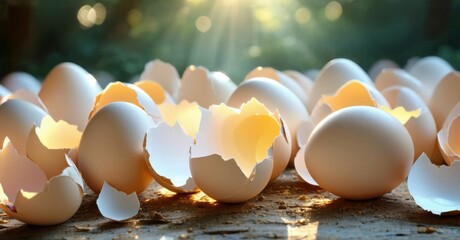 Broken eggshells scattered across surface. Sunlight creates warm glow, highlighting delicate fragments. Natures remnants, fragile beauty.