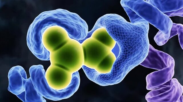 Enzyme-substrate lock and key mechanism in glowing 3D.