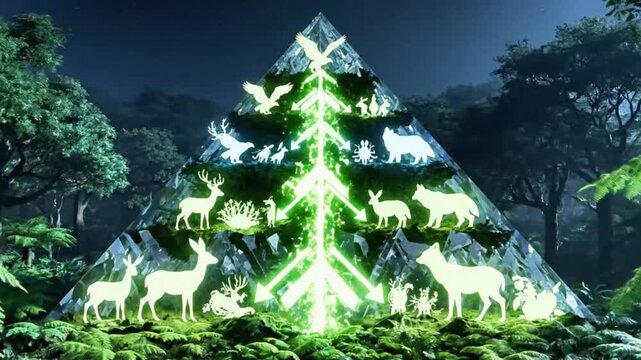 Ecosystem energy flow pyramid with glowing arrows between levels.