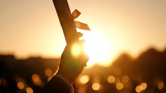 Silhouette of a hand holding a graduation diploma against a golden sunset. Celebrating academic success and achievement with bokeh background