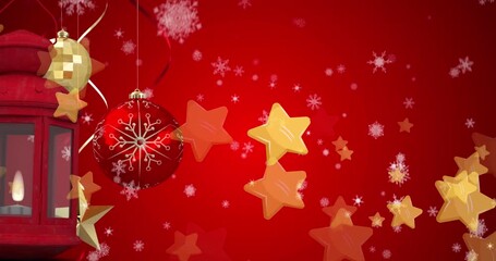 Animation of falling golden stars and christmas lantern over red background - Powered by Adobe