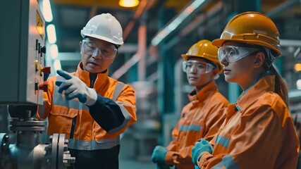 Video of ndustrial safety training session in factory setting, workers wearing protective heat-resistant gear and gloves, safety instructor demonstrating proper equipment use