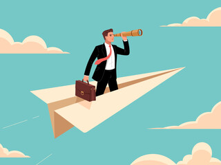 The illustration shows a professional man standing on a paper airplane, holding a telescope, representing innovation, perspective, and the journey towards success.