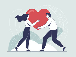 Fototapeta premium This image depicts a couple joyfully exchanging a large heart, symbolizing love and affection, set against a soft, minimalistic background with abstract elements.