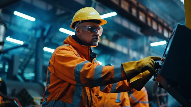 Video of ndustrial safety training session in factory setting, workers wearing protective heat-resistant gear and gloves, safety instructor demonstrating proper equipment use