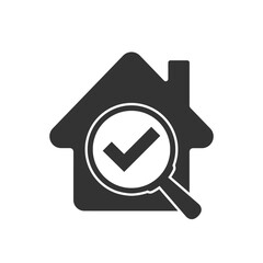 Magnifier glass on house graphic icon. Symbol of real estate searching and selection. Sign isolated on white background. Vector illustration