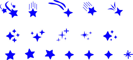 Set of blue star and sparkle icons with motion trails and glowing effects, magical decorative elements collection isolated on white background.