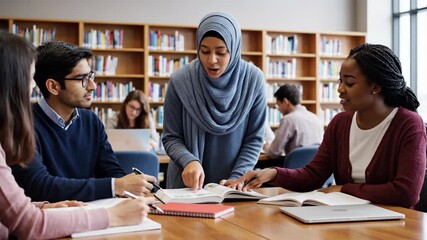 Diverse group of university students studying together in a library. Muslim woman in a hijab explaining a lesson to classmates at a table. Education and collaboration concept - Powered by Adobe