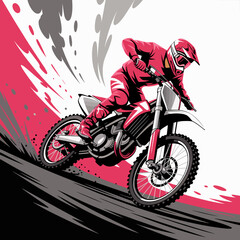 A vibrant illustration of a motocross rider skillfully maneuvering through dynamic terrain, showcasing energy and adrenaline in a lively and colorful style. © Yibin