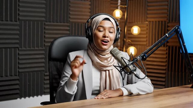 Young Muslim woman in hijab recording a podcast episode in a professional studio. Female radio host speaking into a microphone with headphones. Broadcasting concept