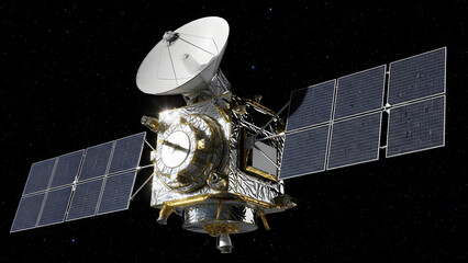 High Resolution Realistic Satellite with Large Solar Panels and Parabolic Antenna Floating in Outer Space with Starry Background