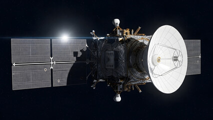 High Resolution Realistic Satellite with Large Solar Panels and Parabolic Antenna Floating in Outer Space with Starry Background