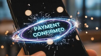Mobile payment confirmed on smartphone screen with celebratory sparks, secure online transaction concept - Powered by Adobe