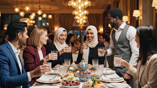 Diverse business team celebrating at a corporate dinner. Multicultural colleagues toasting with water during an Iftar meal in a restaurant. Ramadan celebration and teamwork concept