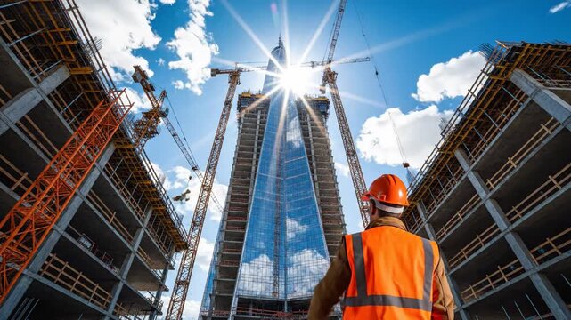 Construction worker in orange vest and hard hat looks up at massive steel skyscraper under construction on a sunny day.