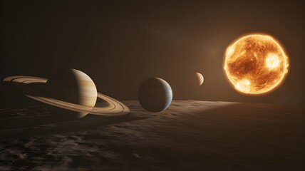 A cinematic 3d render of a vibrant solar system featuring saturn and a glowing sun over a dark lunar surface