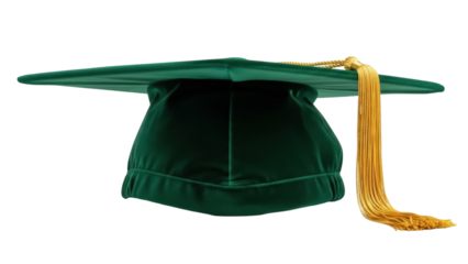 Emerald green graduation cap with gold tassel isolated PNG, academic mortarboard for graduation ceremony and educational achievement design element