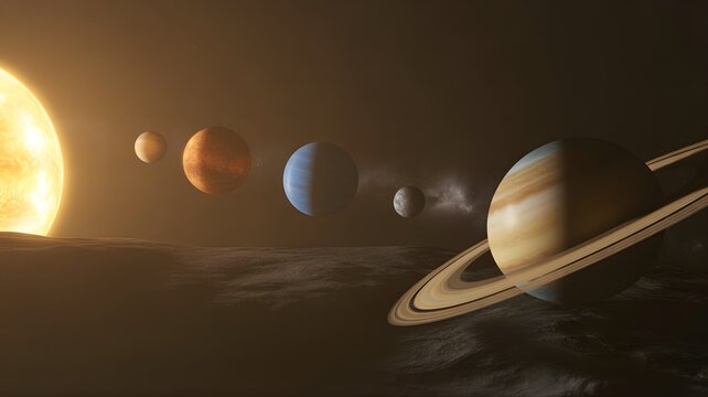 A digital illustration of the solar system planets aligned in a row with a glowing sun and saturn - Powered by Adobe