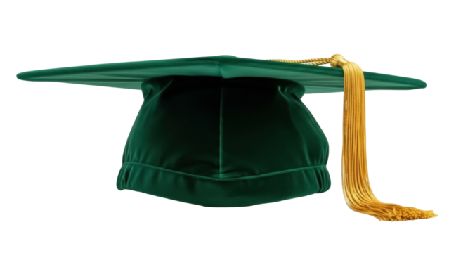 Emerald green graduation cap with gold tassel isolated PNG, academic mortarboard for graduation ceremony and educational achievement design element - Powered by Adobe