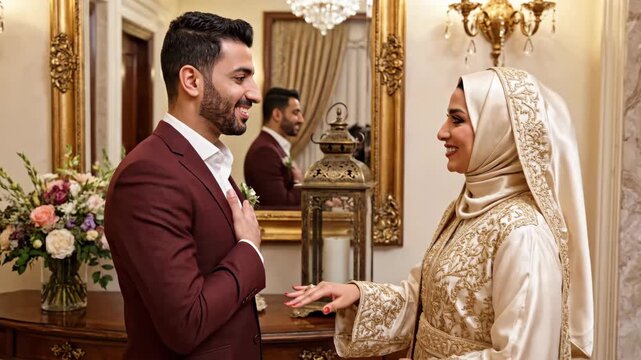 An affectionate Muslim bride and groom on their wedding day. A happy couple in traditional attire smiling and talking indoors. Islamic marriage and celebration