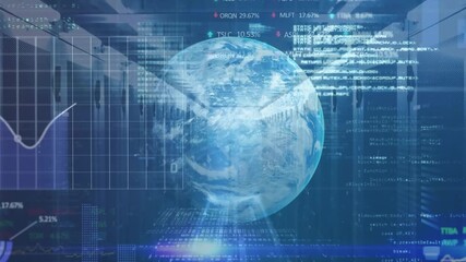 Animation of data processing over globe and server room - Powered by Adobe