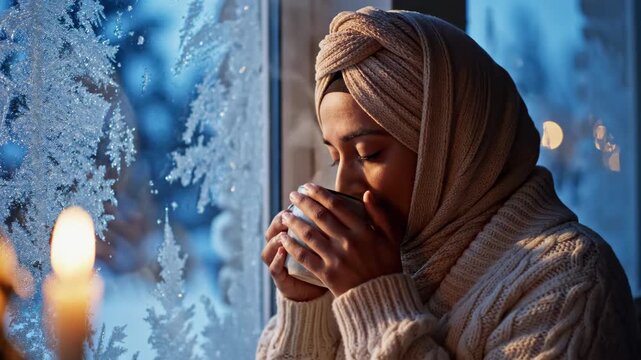 A young Muslim woman in a hijab enjoys a hot drink by a frosty winter window. Smiling person in a cozy sweater sipping tea or coffee at home. Hygge and comfort concept